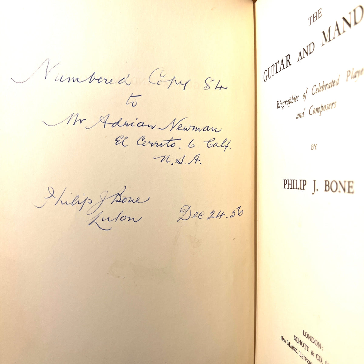 Philip J. Bone, The Guitar & Mandolin, Schott & CO. 1954, 2nd ed. HC, SIGNED