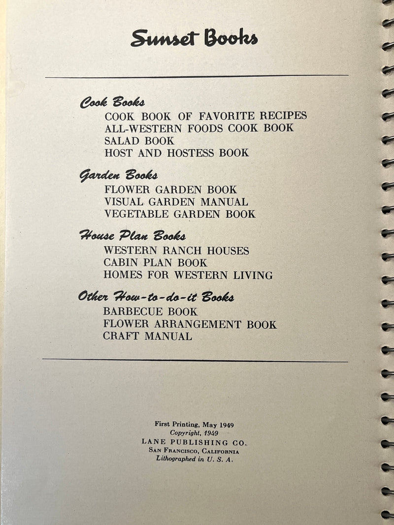Sunset Cookbook of Favorite Recipes, Lane Publishing Co., 1949, First Edition, HC, VG.