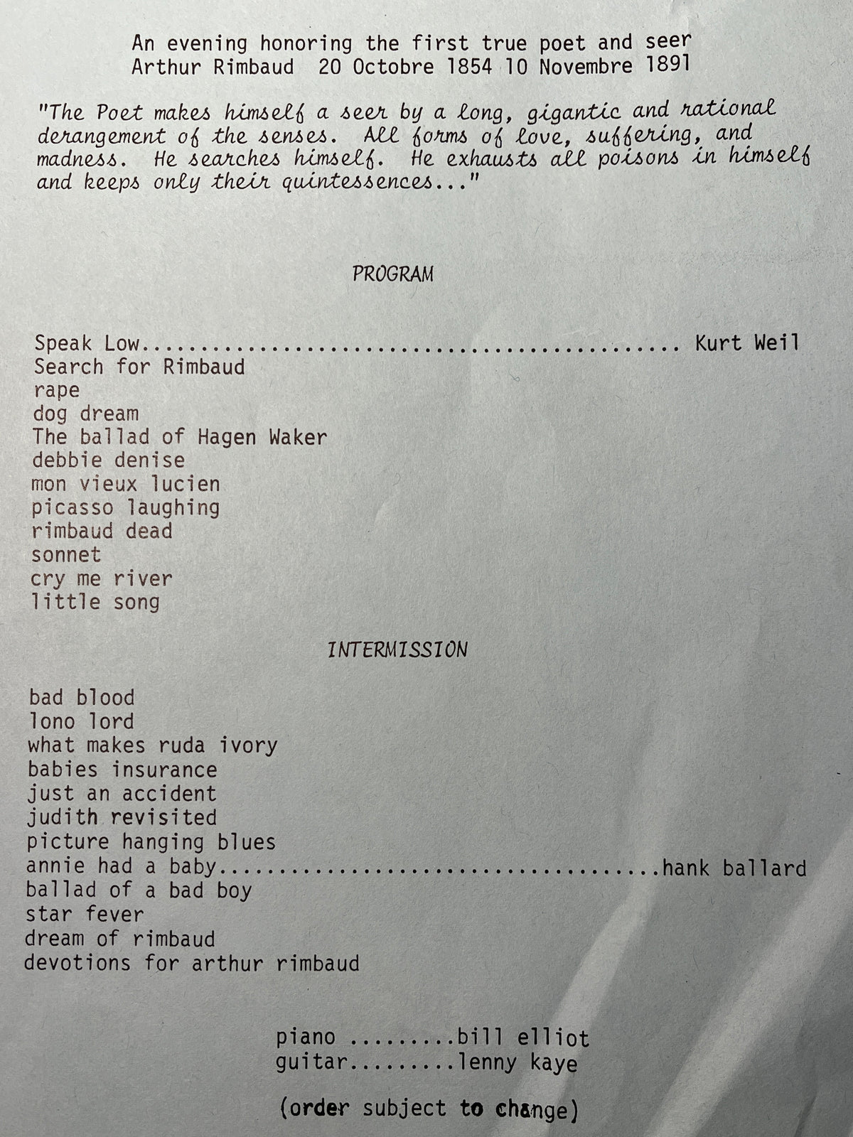 Patti Smith program, 1973.  De L'Ame Pour L'Ame (Of the Soul for the Soul): An Evening Honoring...Arthur Rimbaud, Good