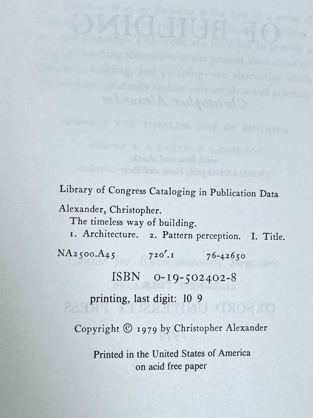 The Timeless Way of Building, Oxford University Press, Vol 1, 1st Edition, 1979, NF HC w/DJ