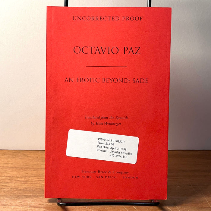 Octavio Paz, An Erotic Beyond: Sade, Uncorrected Proof, 1998, Softcover, Near Fine