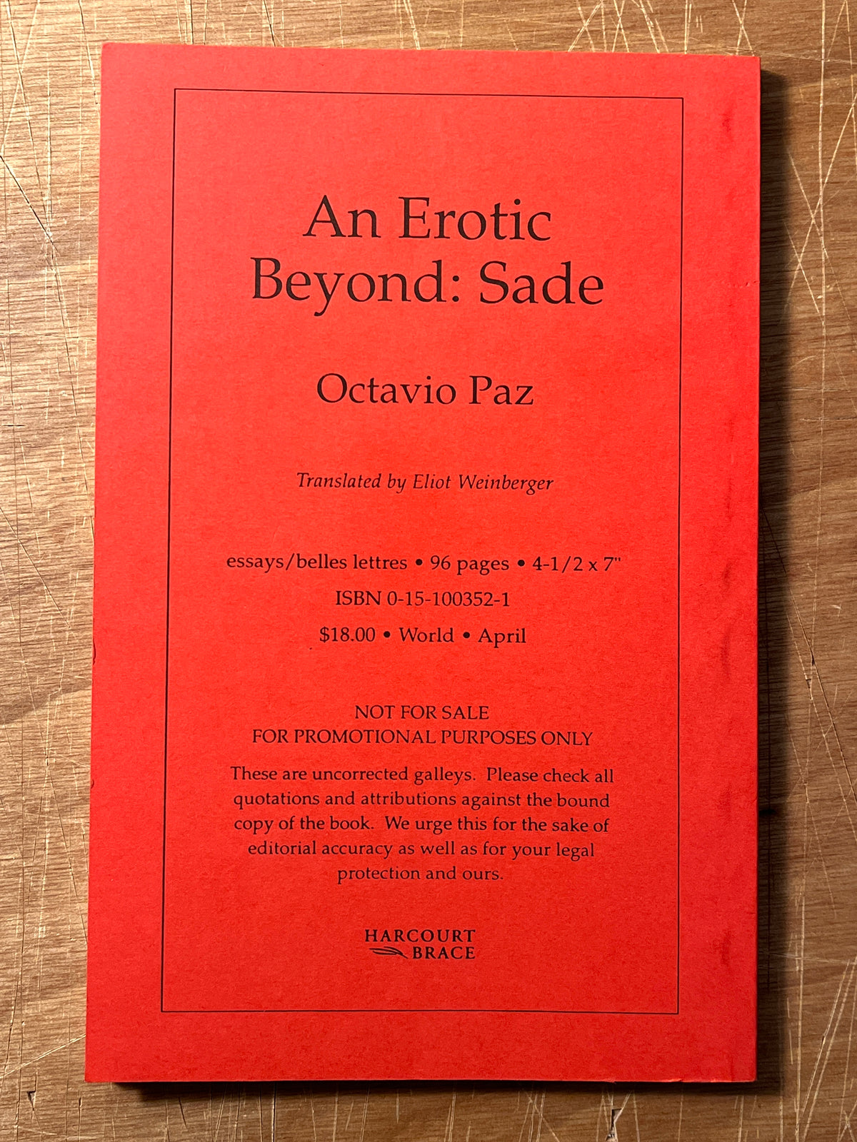 Octavio Paz, An Erotic Beyond: Sade, Uncorrected Proof, 1998, Softcover, Near Fine