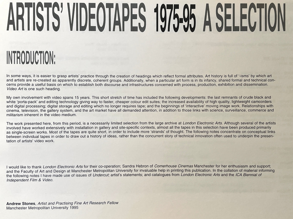 Artists’ Videotapes, 1975-95: A Selection, Andrew Stones, Cornerhouse Exhibitions, 1995, Rare, SC, NF