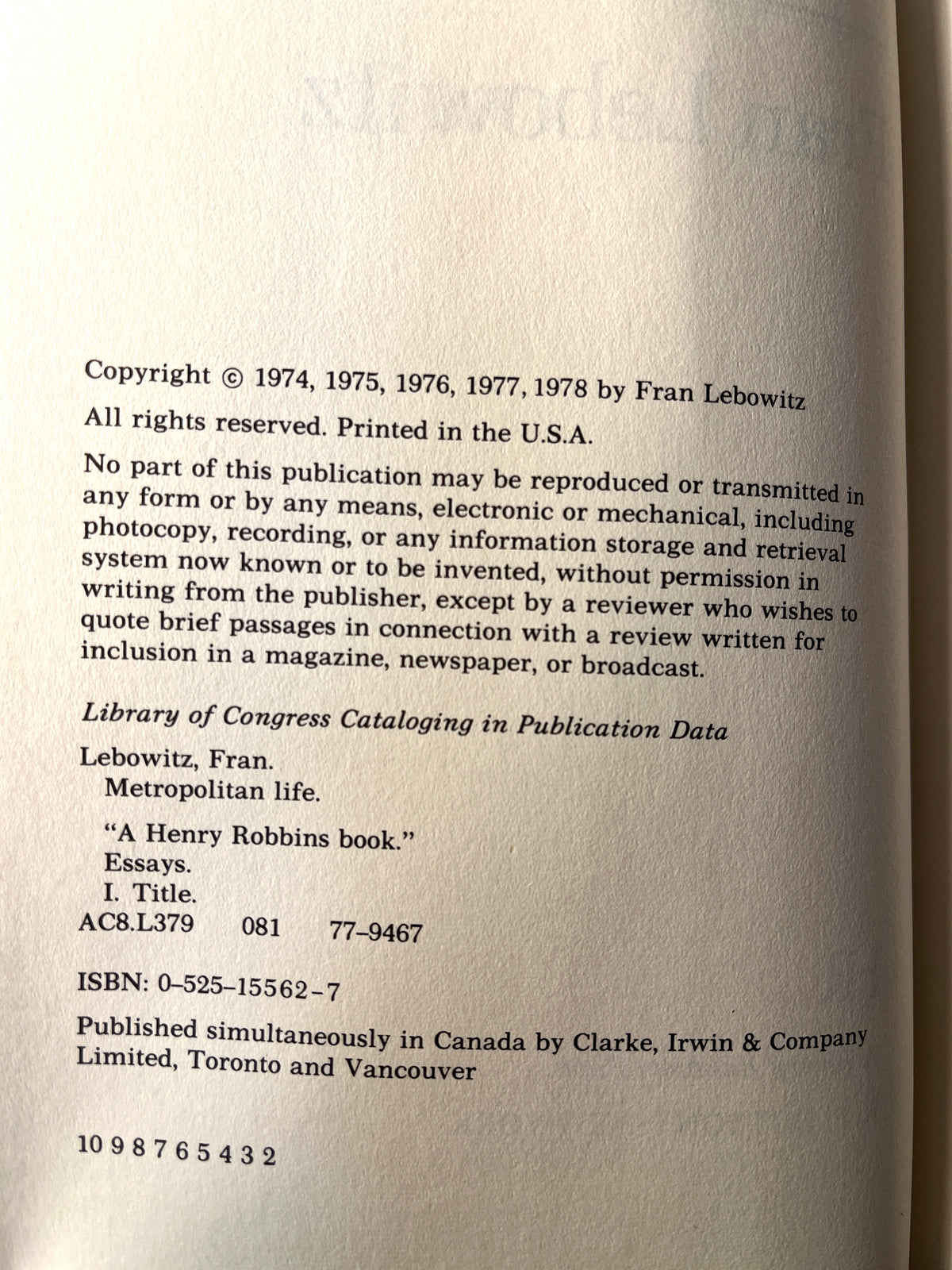 Metropolitan Life, Fran Lebowitz, E. P. Dutton, 1978, Near Fine w/DJ