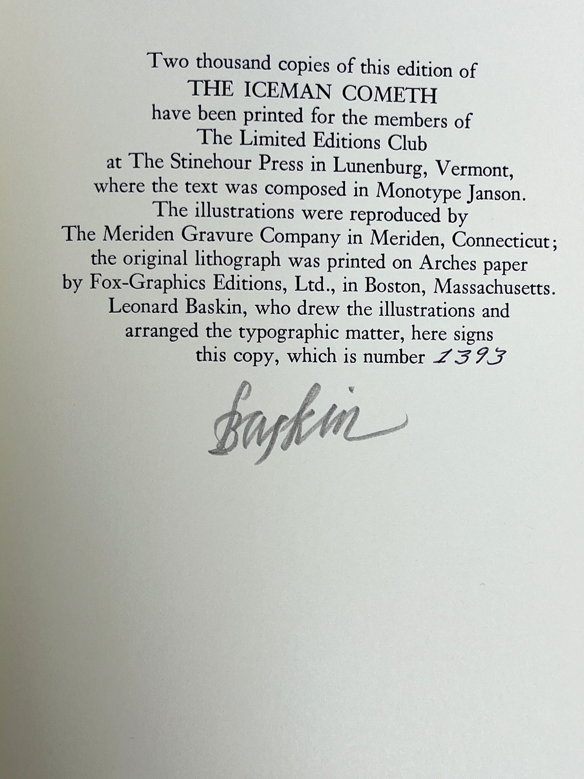 The Iceman Cometh, Eugene O’Neill, Leonard Baskin, Limited Editions Club, 1982