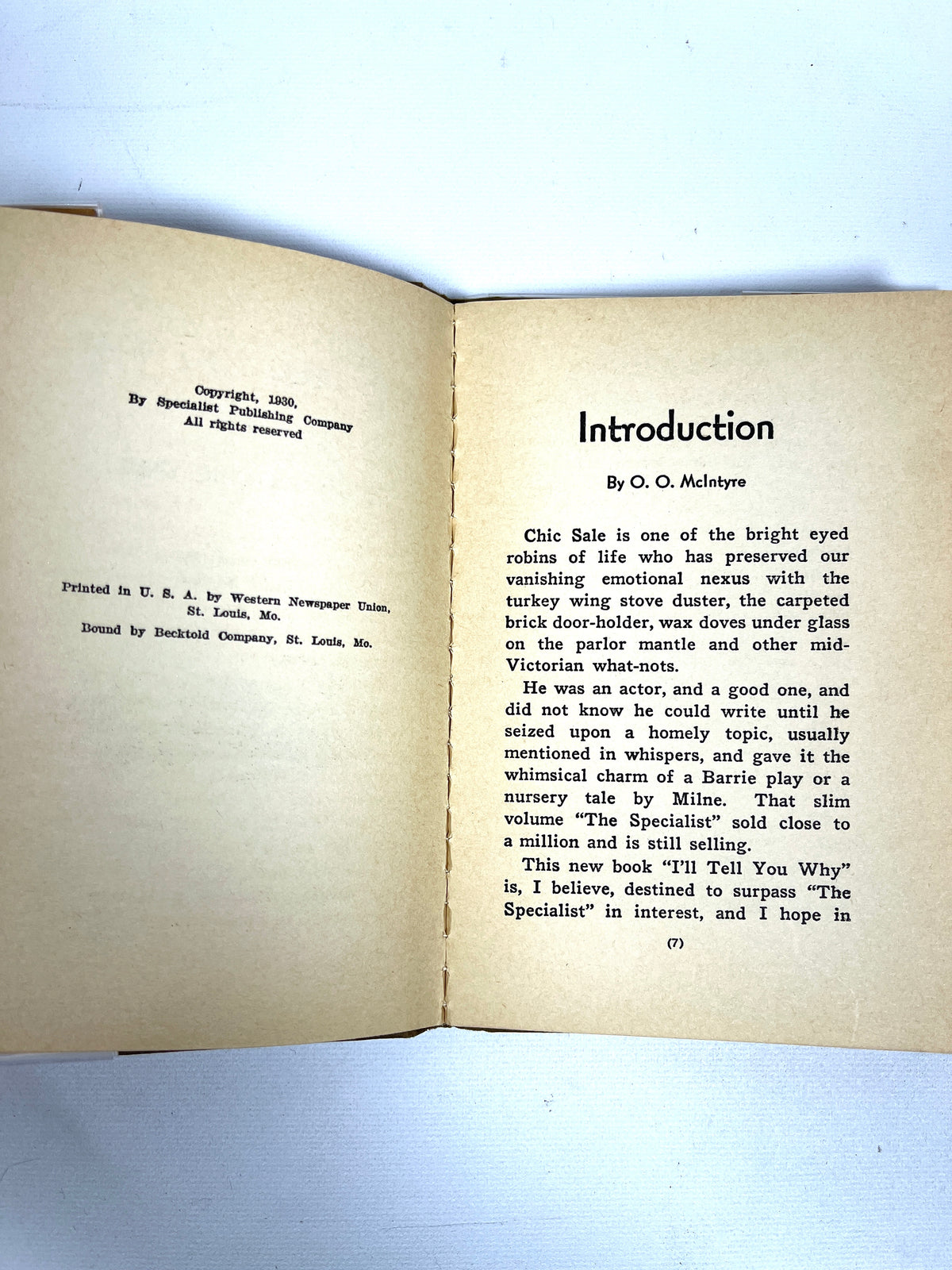 I'll Tell You Why, Chas (Chic) Sale, Illus. by Percy Vogt, 1930, Very Good hardcover w/dust jacket.