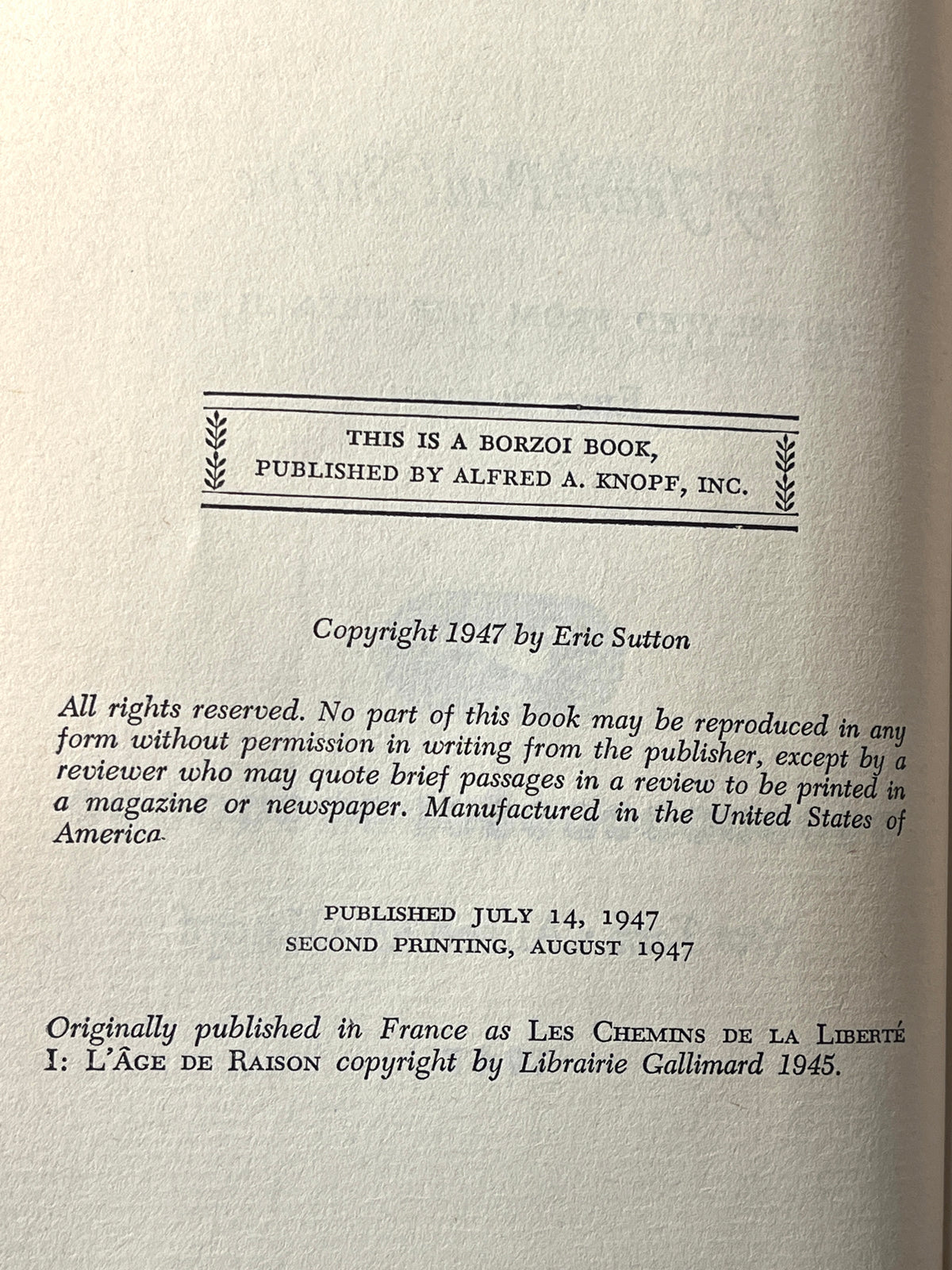 The Age of Reason, Jean-Paul Sartre, 1947, 2nd Printing, Very Good w/DJ