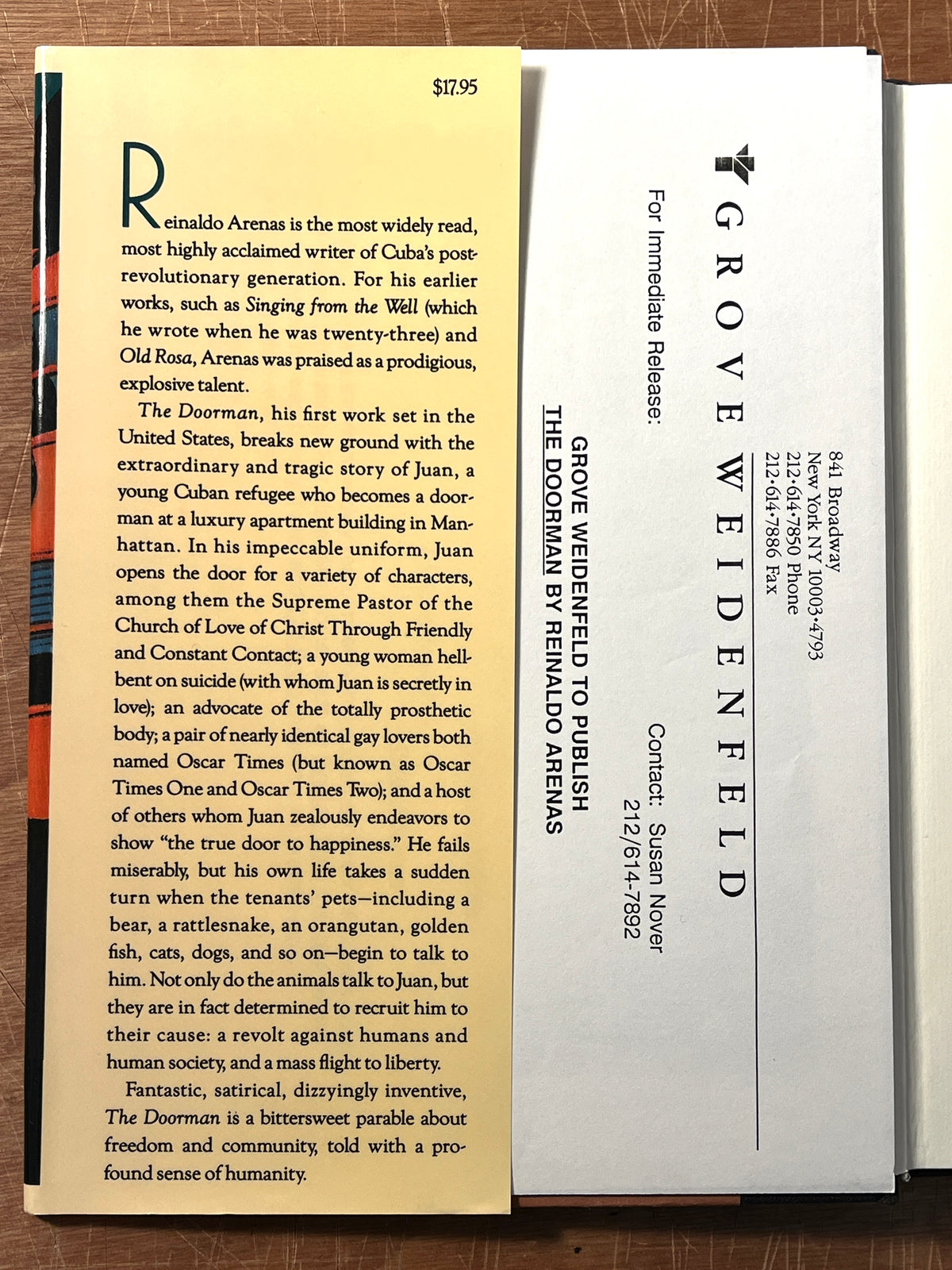 The Doorman: A Novel, Reinaldo Arenas, Grove Weidenfeld, First American Edition, 1991, HC, NF.