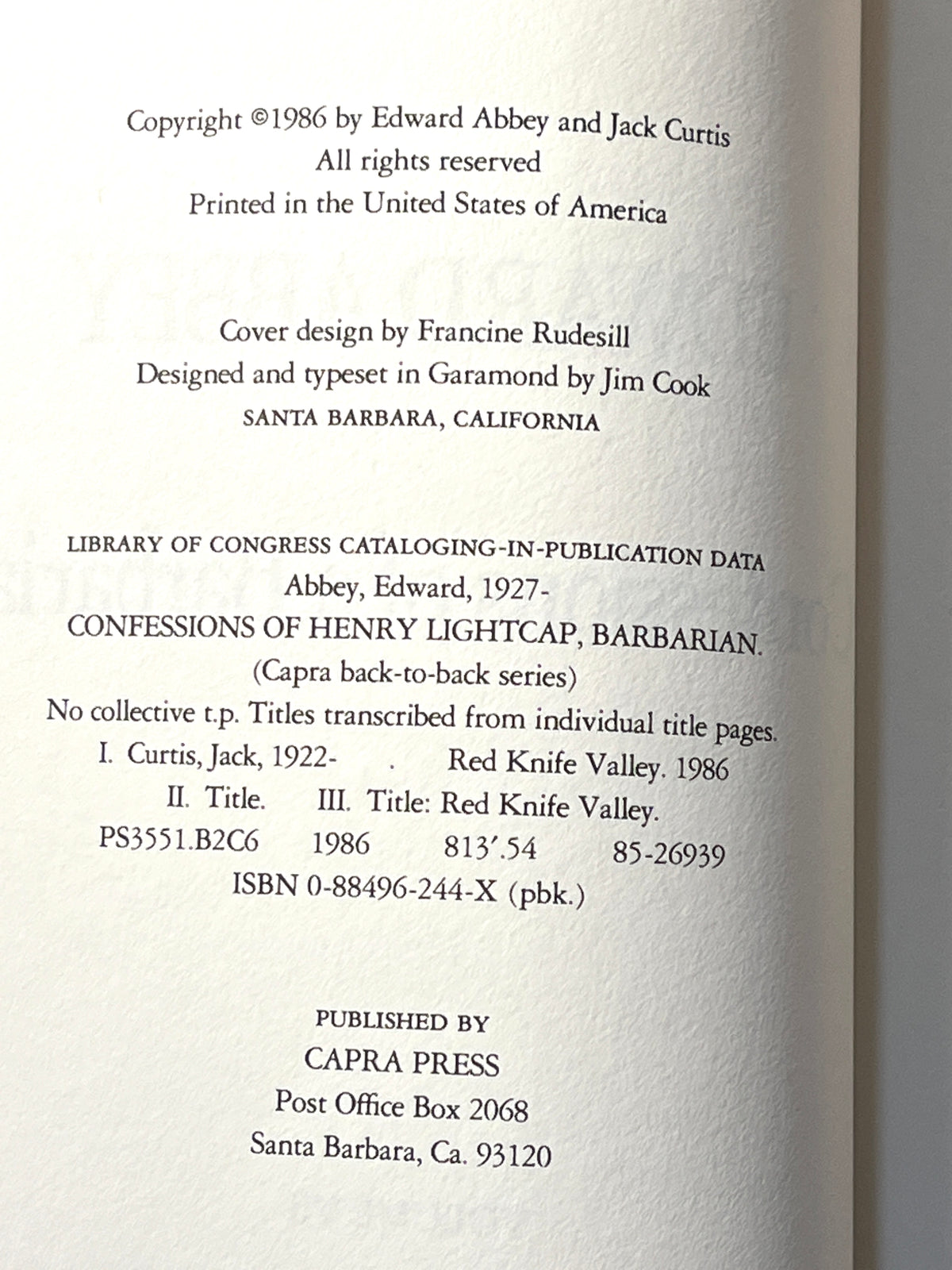 Red Knife Valley, Jack Curtis; Confessions of a Barbarian, Edward Abbey, Capra Back-to-Back, 1986