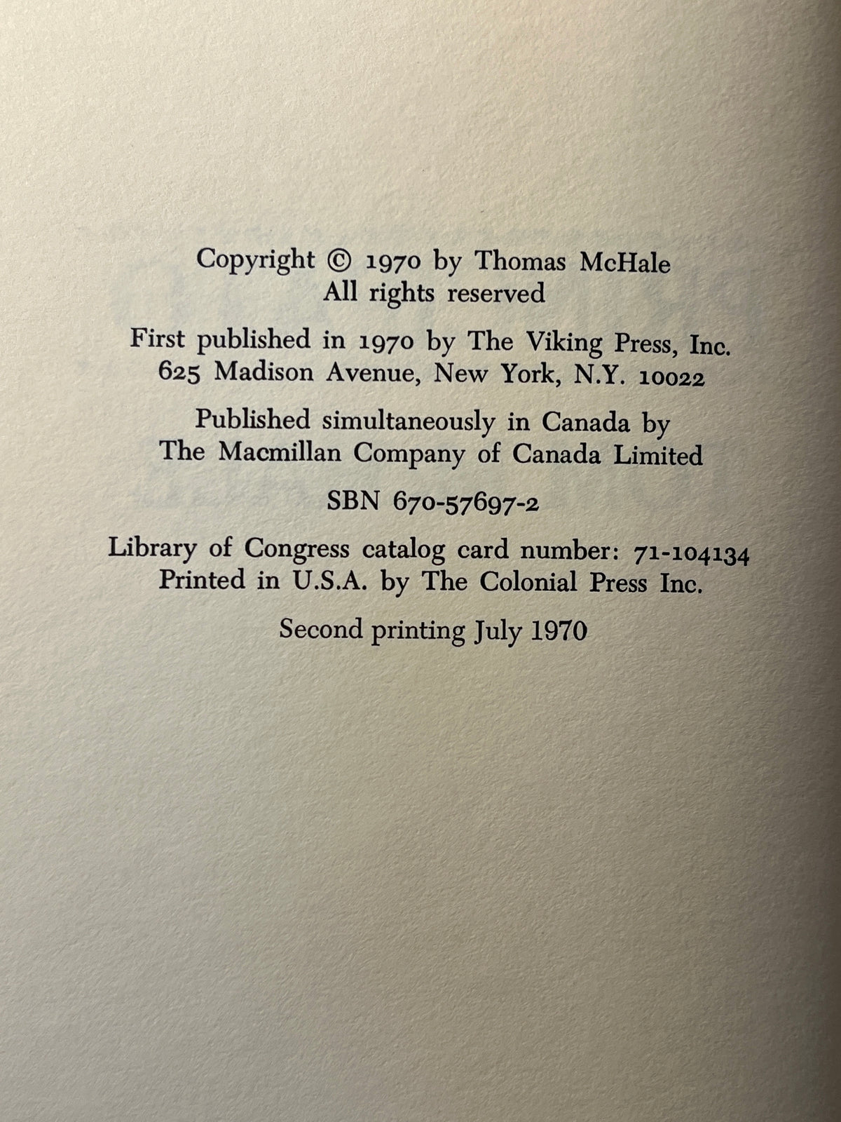 Principato, Tom McHale, The Viking Press, 1st Edition, 2nd Printing, 1970, HC, VG.