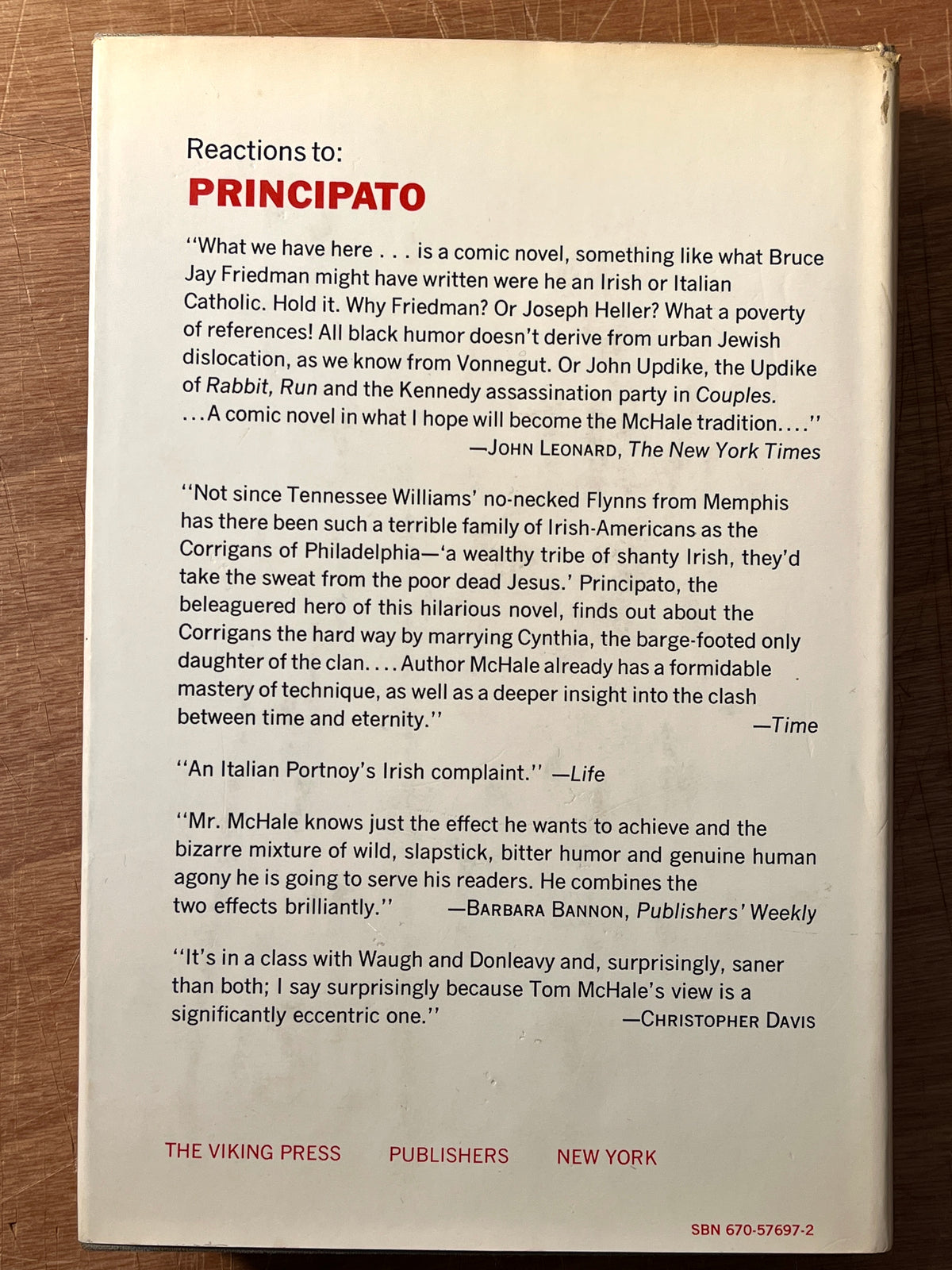 Principato, Tom McHale, The Viking Press, 1st Edition, 2nd Printing, 1970, HC, VG.