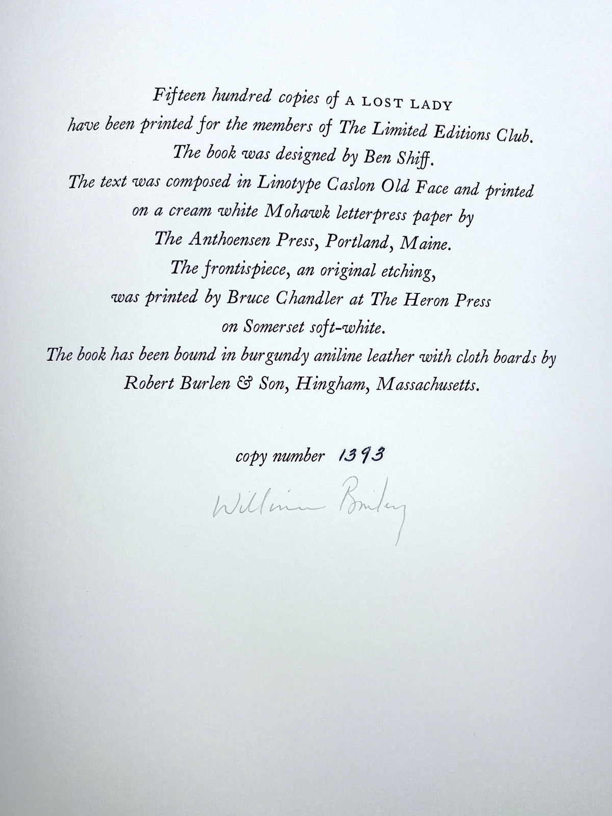 A Lost Lady, Willa Cather, William Bailey, Limited Editions Club, SIGNED, 1983, NF