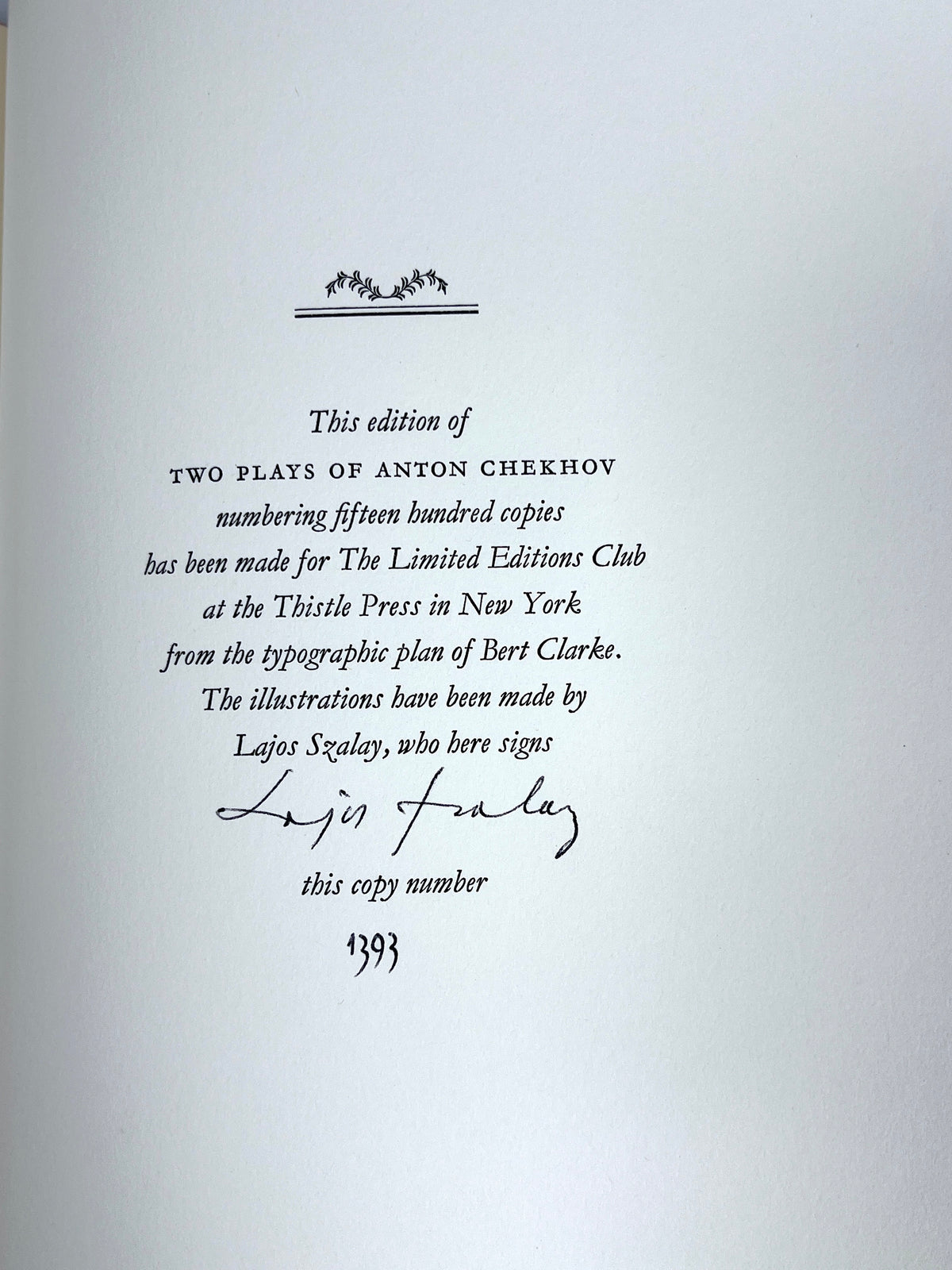 Two Plays, Anton Chekhov, Limited Editions Club, 1966, SIGNED by Szalay