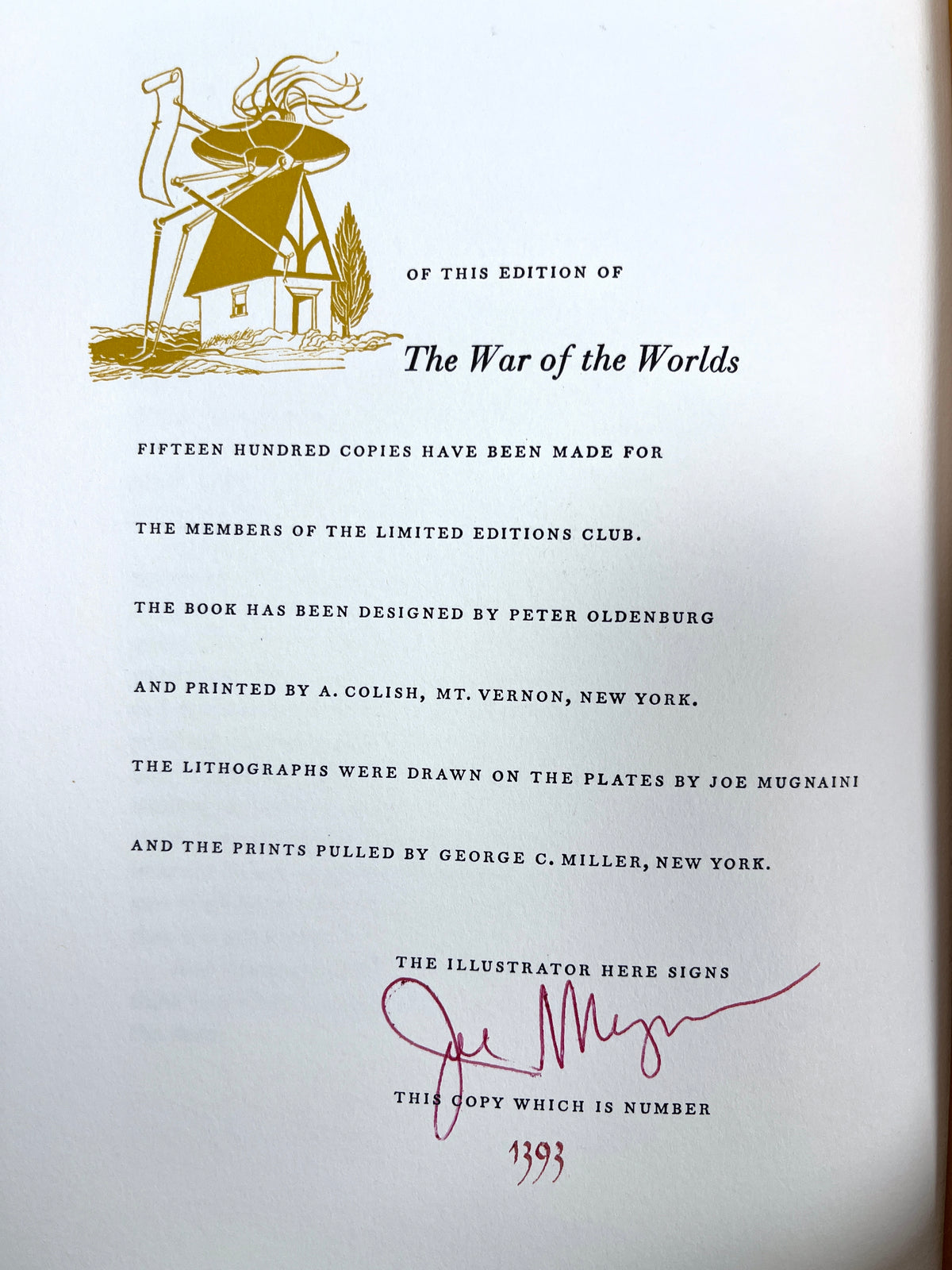 H.G. Wells, The War of the Worlds/The Time Machine, Illus. by Joe Mugnaini, Limited Editions Club, SIGNED, 1964, VG HC w/slipcase.