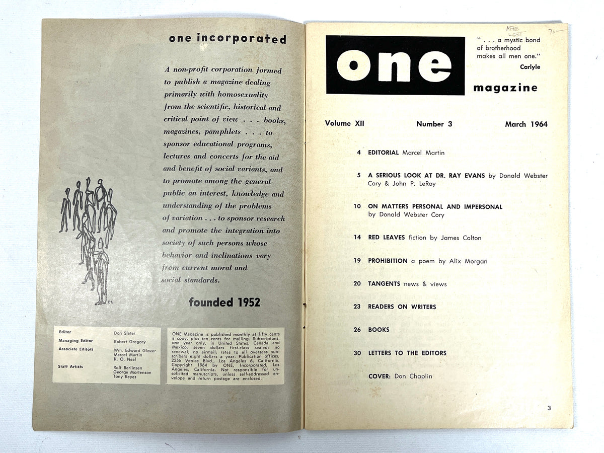 One Magazine, Volume XII, Number 3, March 1964, Very Good+ staplebound, gay interest