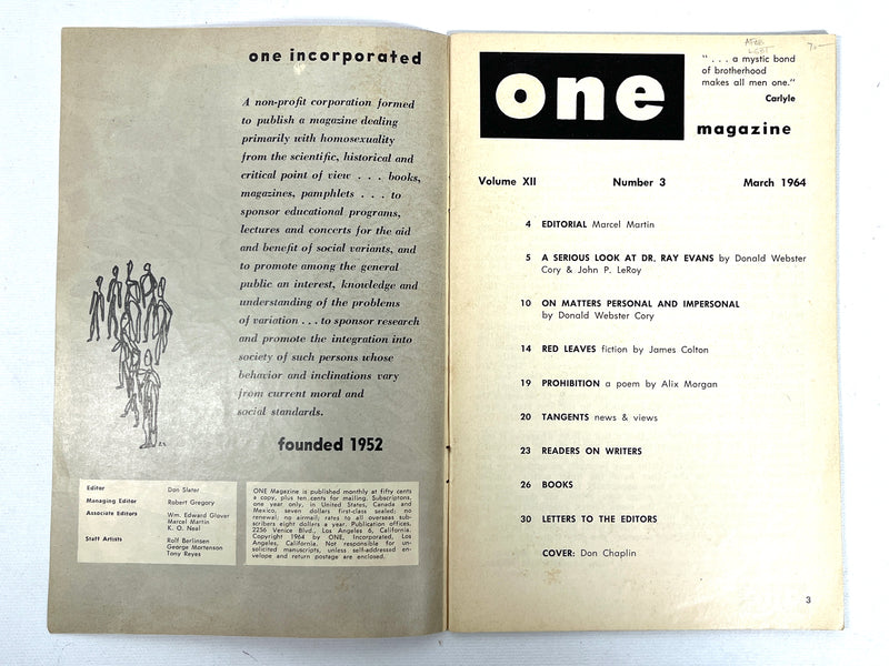 One Magazine, Volume XII, Number 3, March 1964, Very Good+ staplebound, gay interest