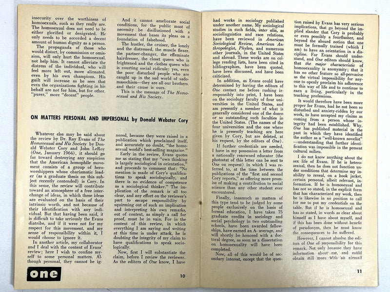 One Magazine, Volume XII, Number 3, March 1964, Very Good+ staplebound, gay interest