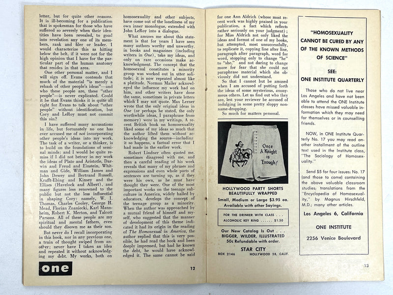 One Magazine, Volume XII, Number 3, March 1964, Very Good+ staplebound, gay interest