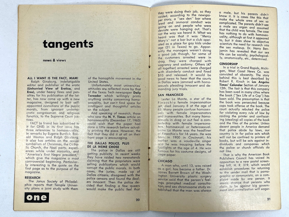 One Magazine, Volume XII, Number 3, March 1964, Very Good+ staplebound, gay interest