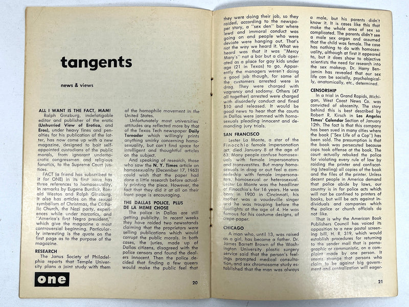 One Magazine, Volume XII, Number 3, March 1964, Very Good+ staplebound, gay interest