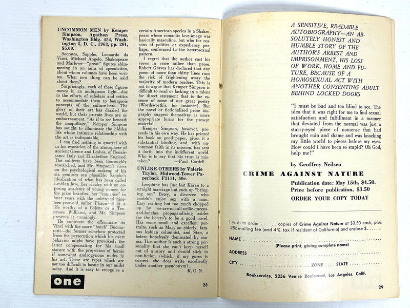 One Magazine, Volume XII, Number 3, March 1964, Very Good+ staplebound, gay interest