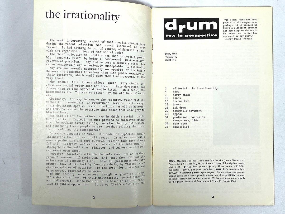 Drum: Sex in Perspective, Vol V, No 4, June 1965, Very Good staplebound, gay interest