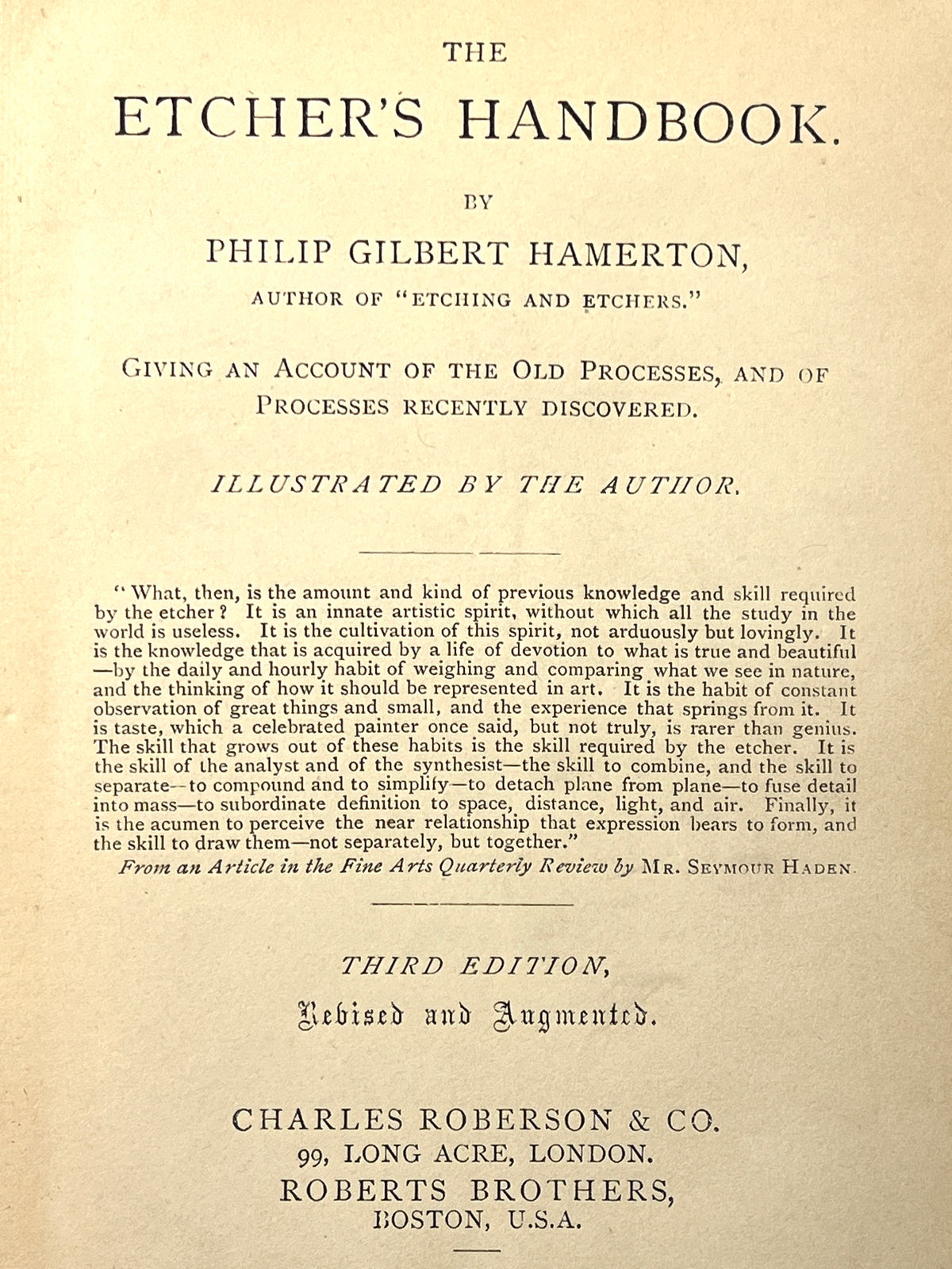 The Etcher's Handbook, Roberts Brothers, 3rd Ed., 1881, Good, Hardcover.