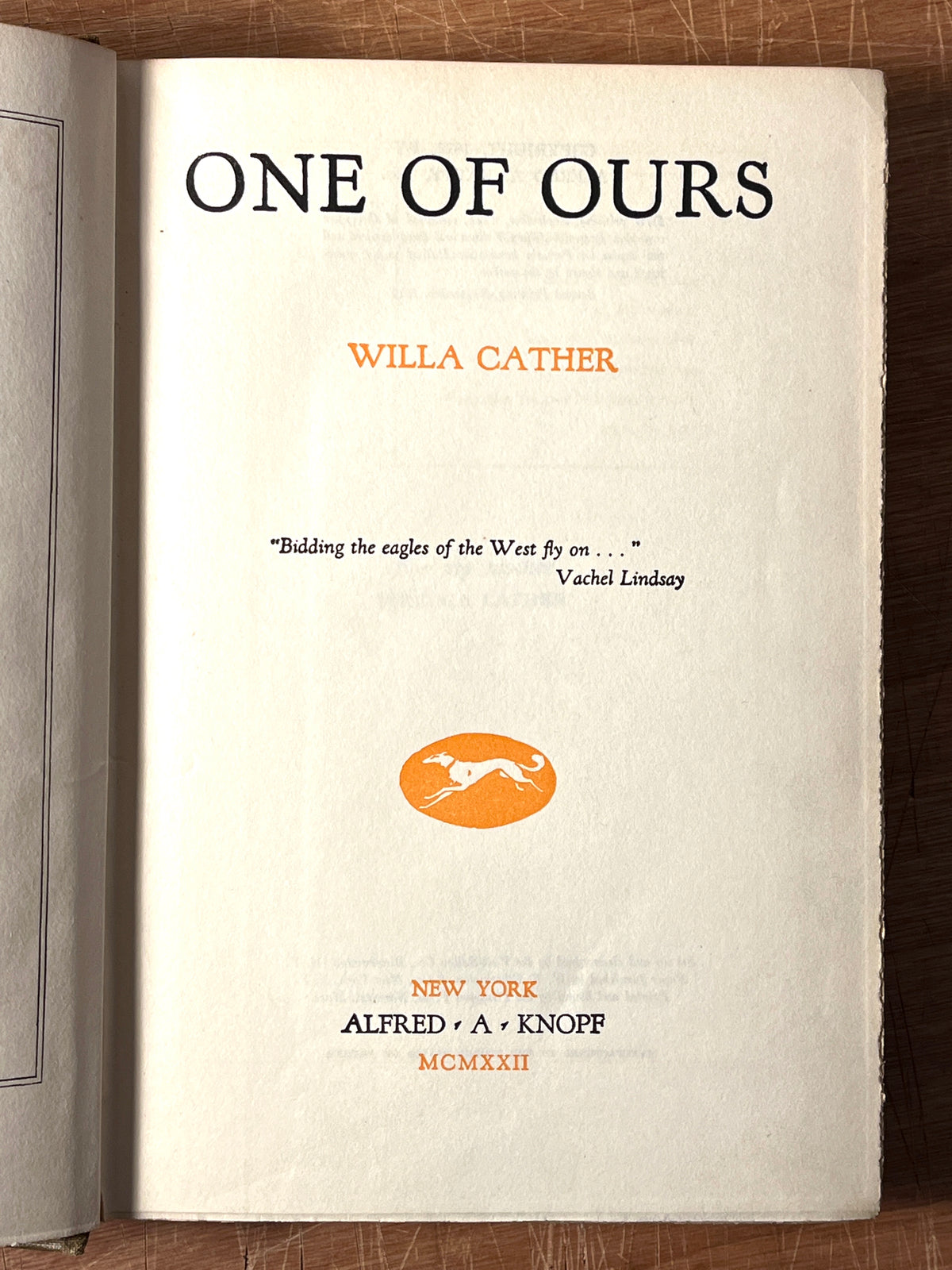 One of Ours, Willa Cather, Alfred A. Knopf, 1922, 1st Trade Ed, 2nd Printing, VG