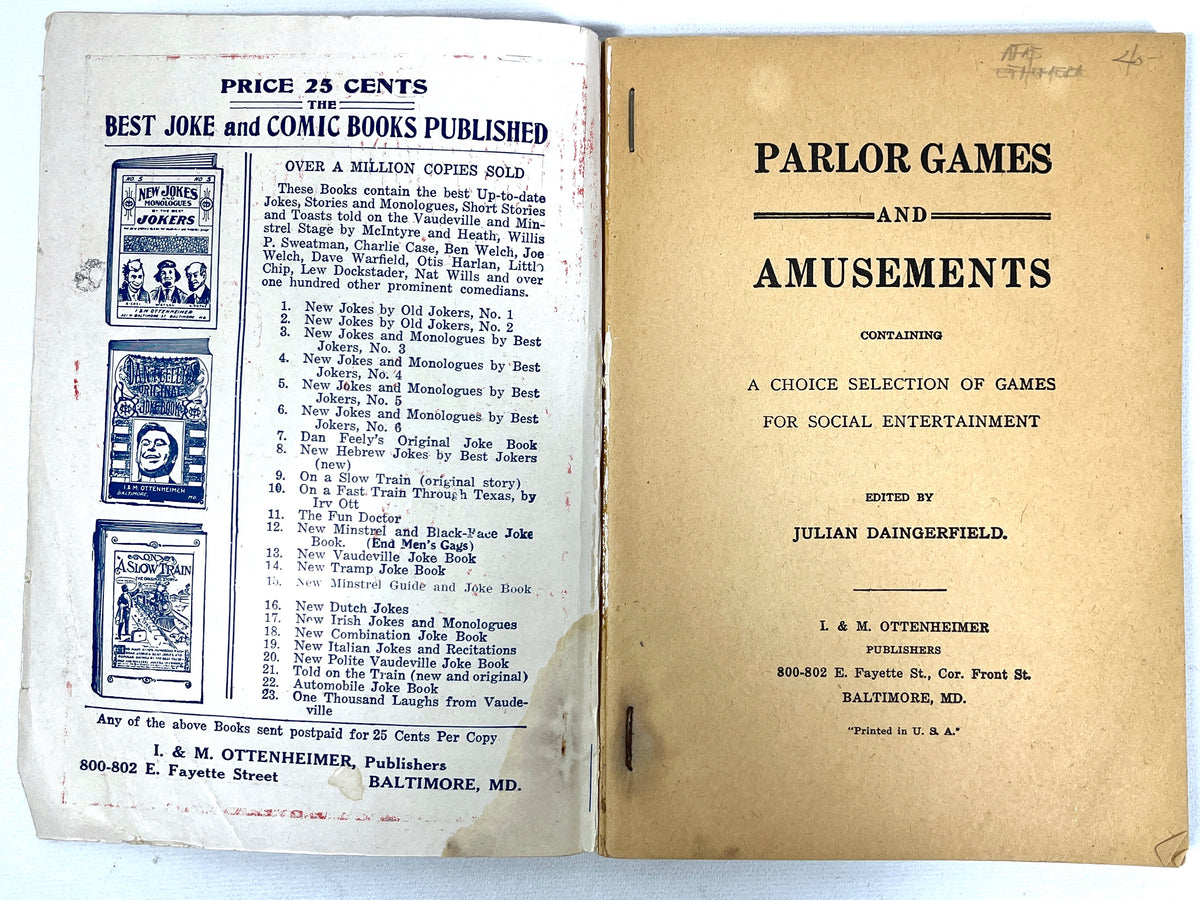 Parlor Game and Amusements, I & M Ottenheimer, 1912, Very Good softcover, ephemera