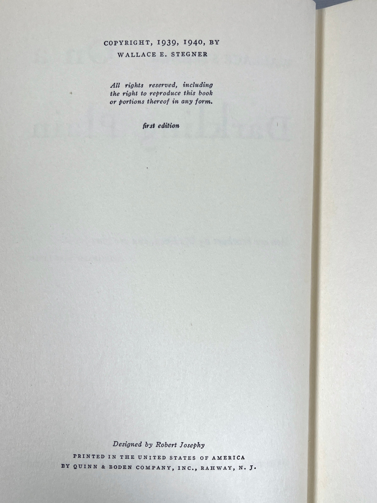 Wallace Stegner, On a Darkling Plain, First Edition, 1940, Very Good hardcover w/dust jacket