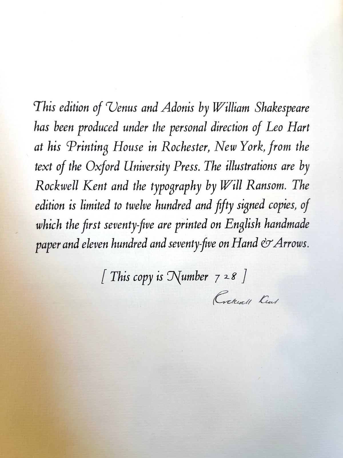 Shakespeare: Venus and Adonis, Rockwell Kent, 1931, SIGNED, Very Good HC w/slipcase