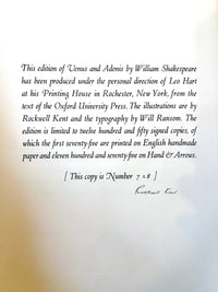 Shakespeare: Venus and Adonis, Rockwell Kent, 1931, SIGNED, Very Good HC w/slipcase