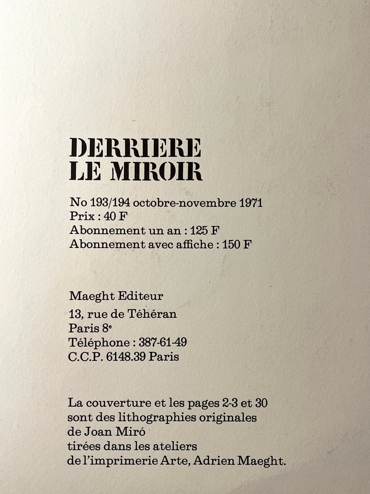 Derriere le Miroir: Miro; Peintures sur Papier, Dessins, 1971, 3 Miro Prints, VG