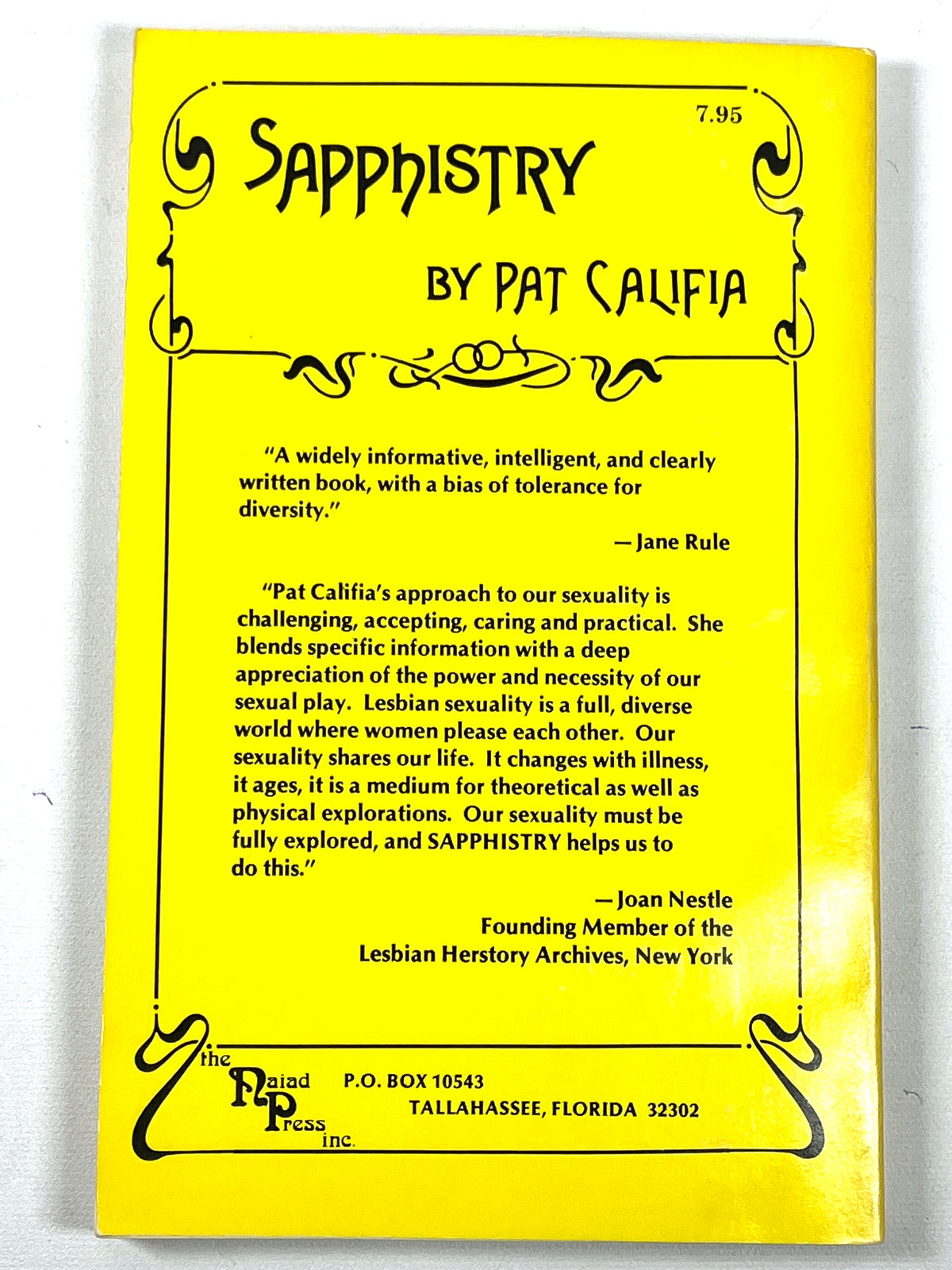 Sapphistry: The Book of Lesbian Sexuality, Pat Califia, 2nd Ed Revised, 1983, VG softcover