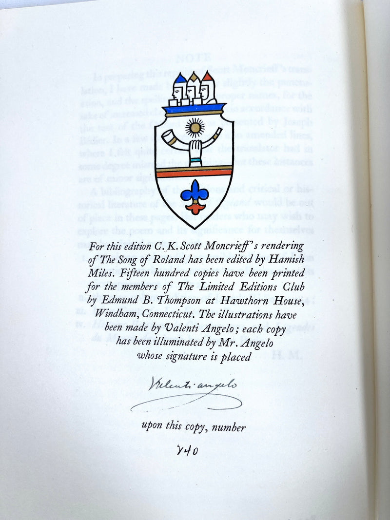 The Song of Roland, Charles Scott Moncrieff, Valenti Angelo, 1938, SIGNED VG+ HC w/slipcase.