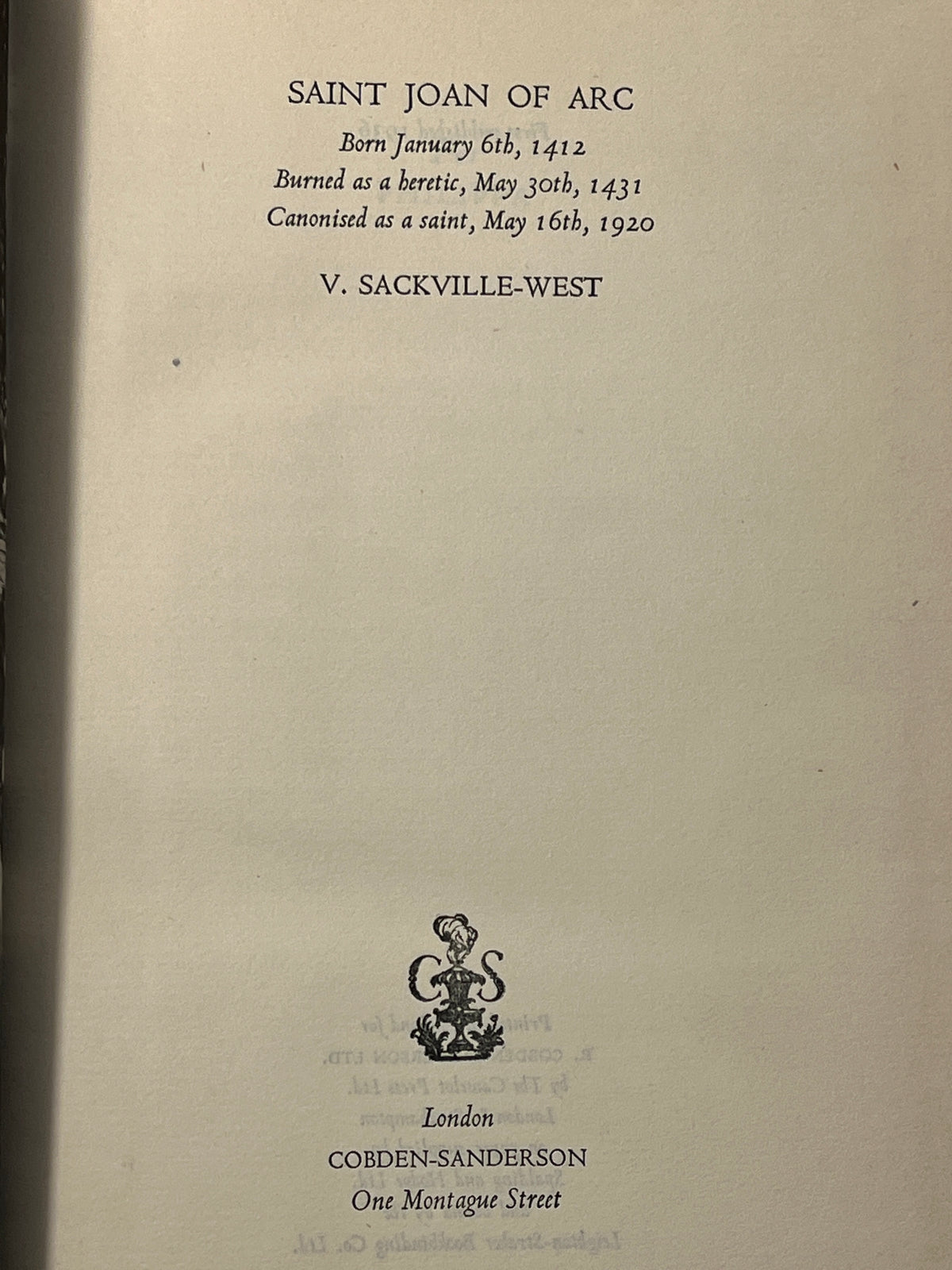 V. Sackville-West, Saint Joan of Arc, 1936, 1st ed. Very Good+ HC