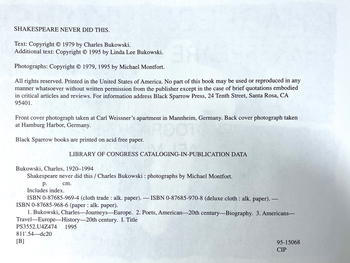 Shakespeare Never Did This, Charles Bukowski, Black Sparrow, 1995, Fine hardcover