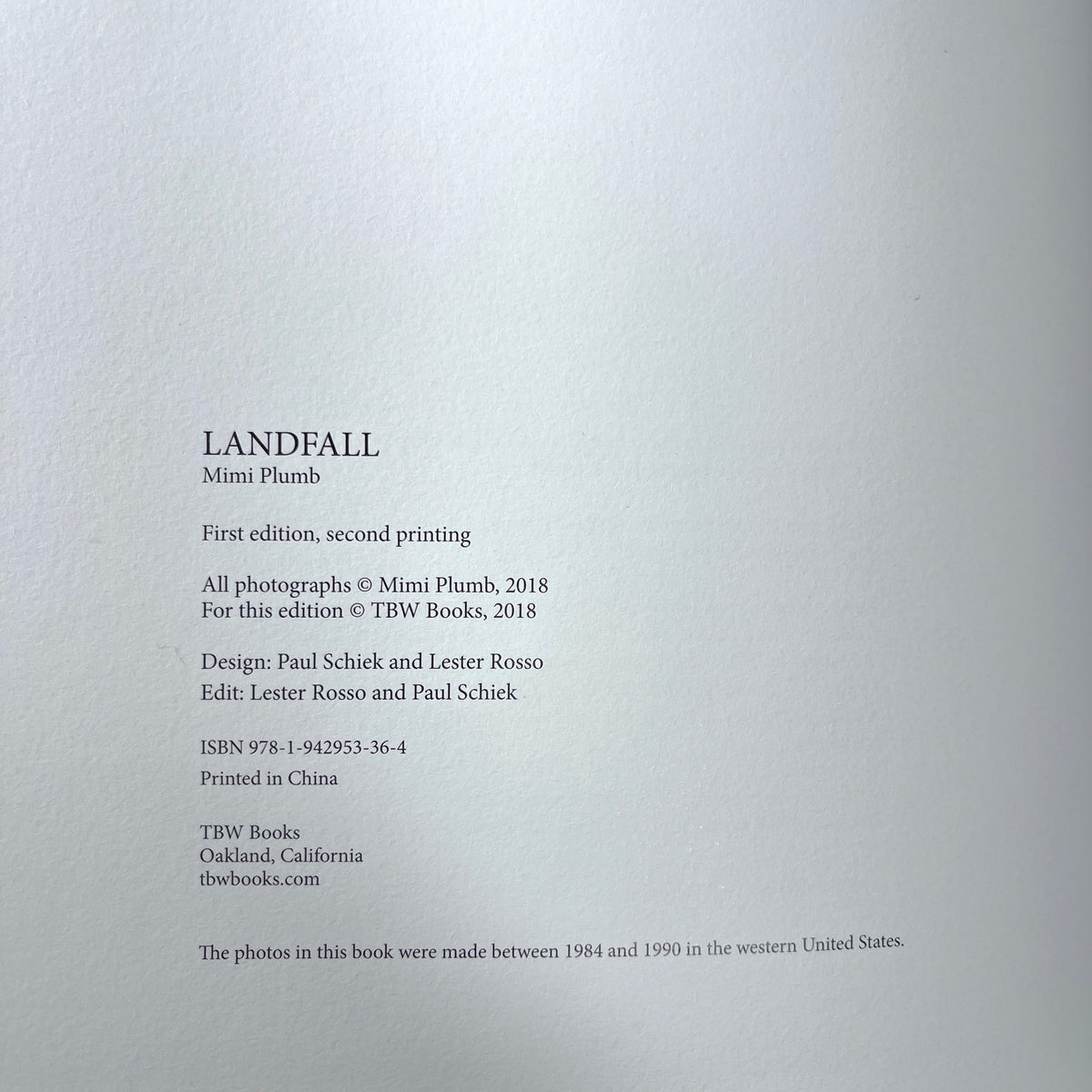 Landfall, Mimi Plumb, TBW Books, 2018, Very Good hardcover