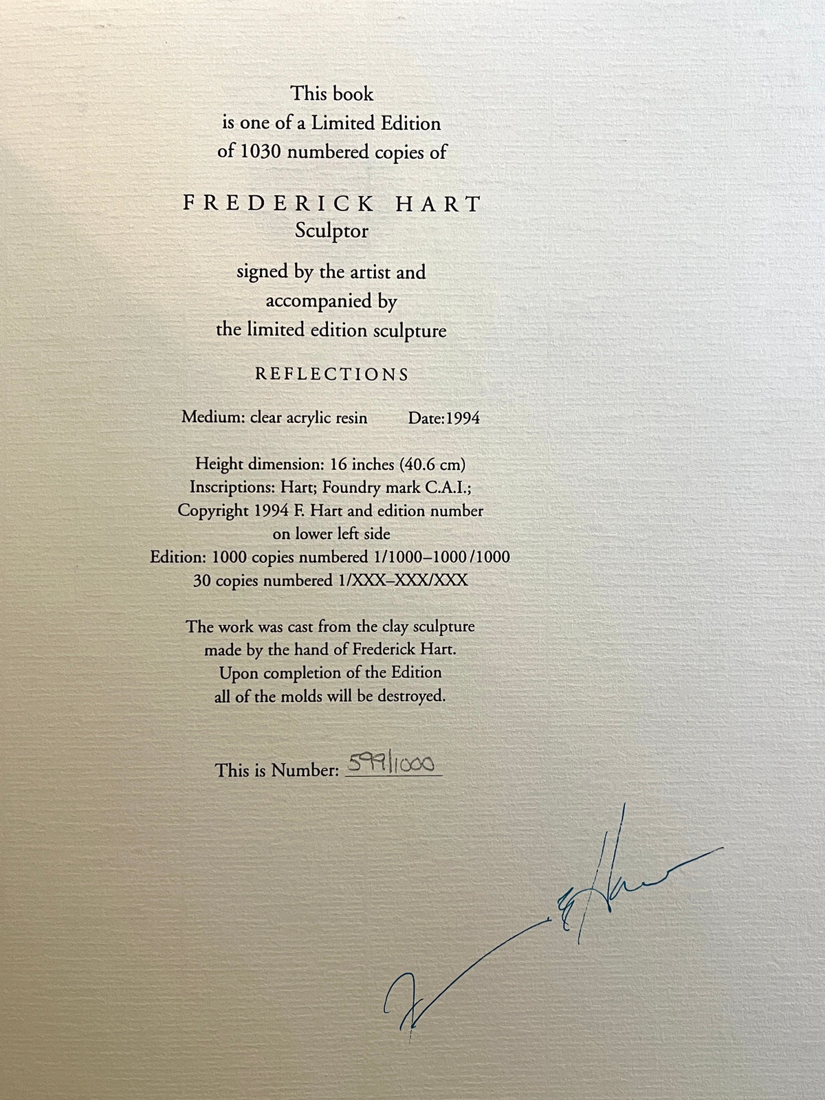 Frederick Hart, Sculptor, Hudson Hills Press, 1994, 599/1000, Fine w/VG Slipcase