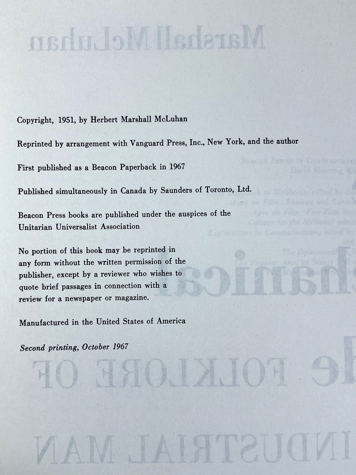 The Mechanical Bride: Folklore of Industrial Man, Marshall McLuhan, 1967 reprint