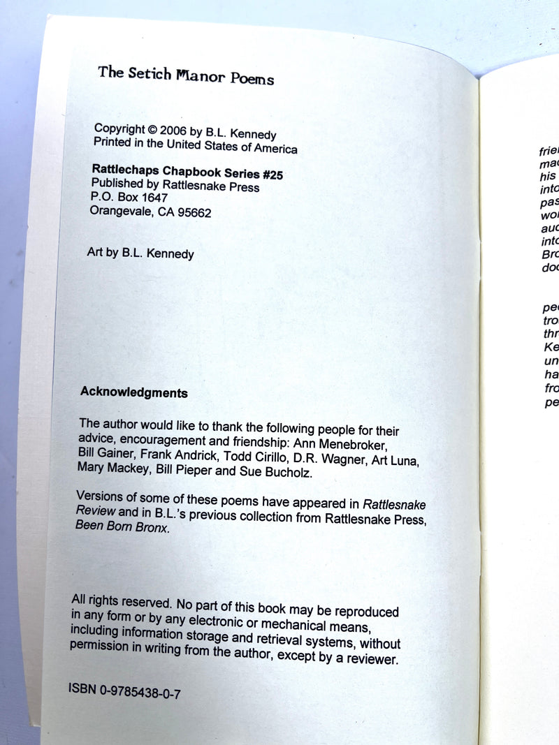 B.L. Kennedy, The Setich Manor Poems, Rattlechips Chapbook Series #25, 2006, NF SC