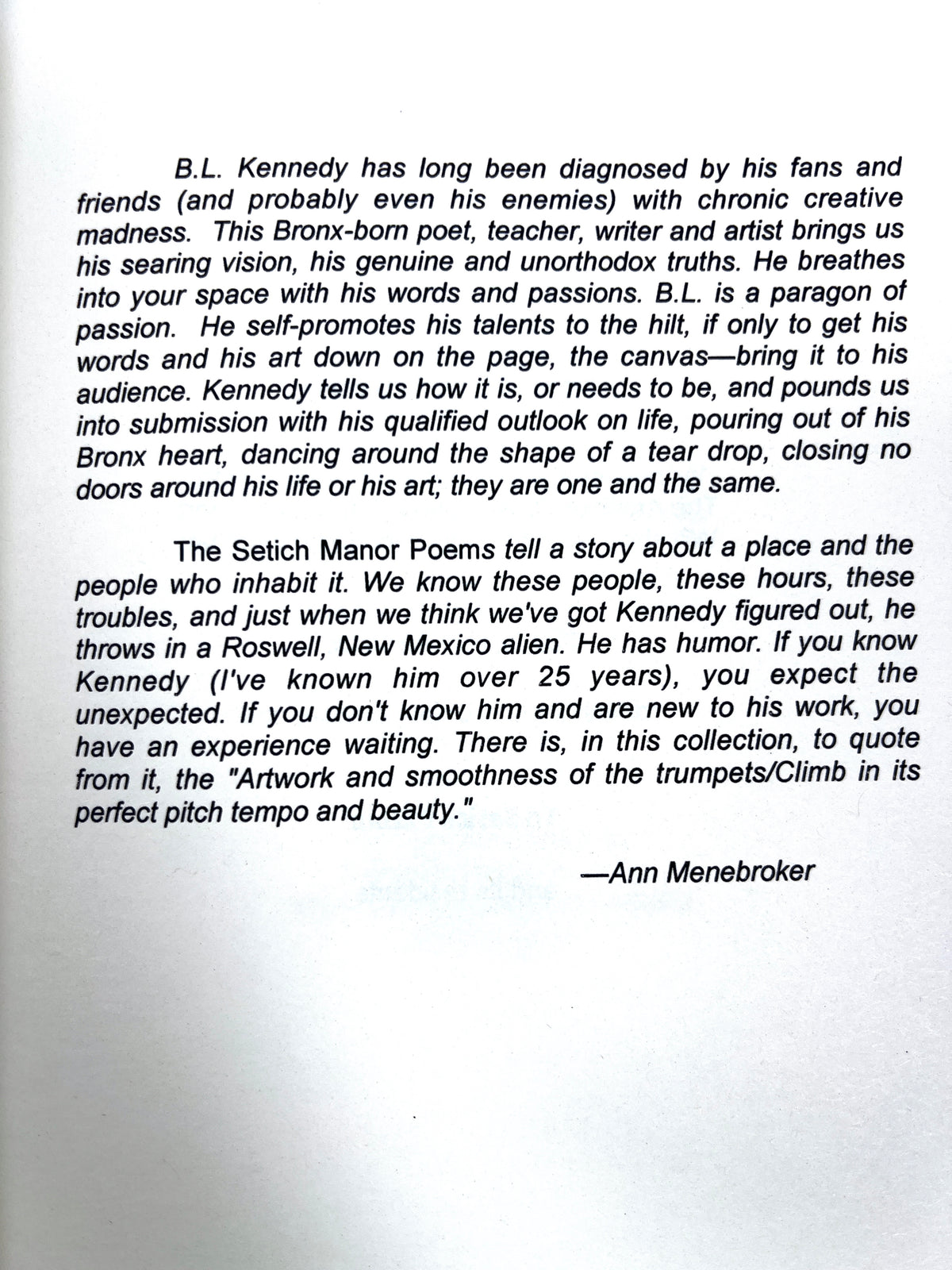 B.L. Kennedy, The Setich Manor Poems, Rattlechips Chapbook Series #25, 2006, NF SC