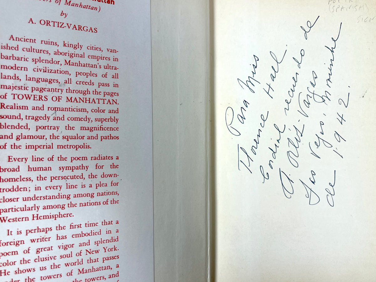 A. Ortiz-Vargas, Las Torres de Manhattan, 1st Ed, 1939, SIGNED, Very Good hardcover w/DJ