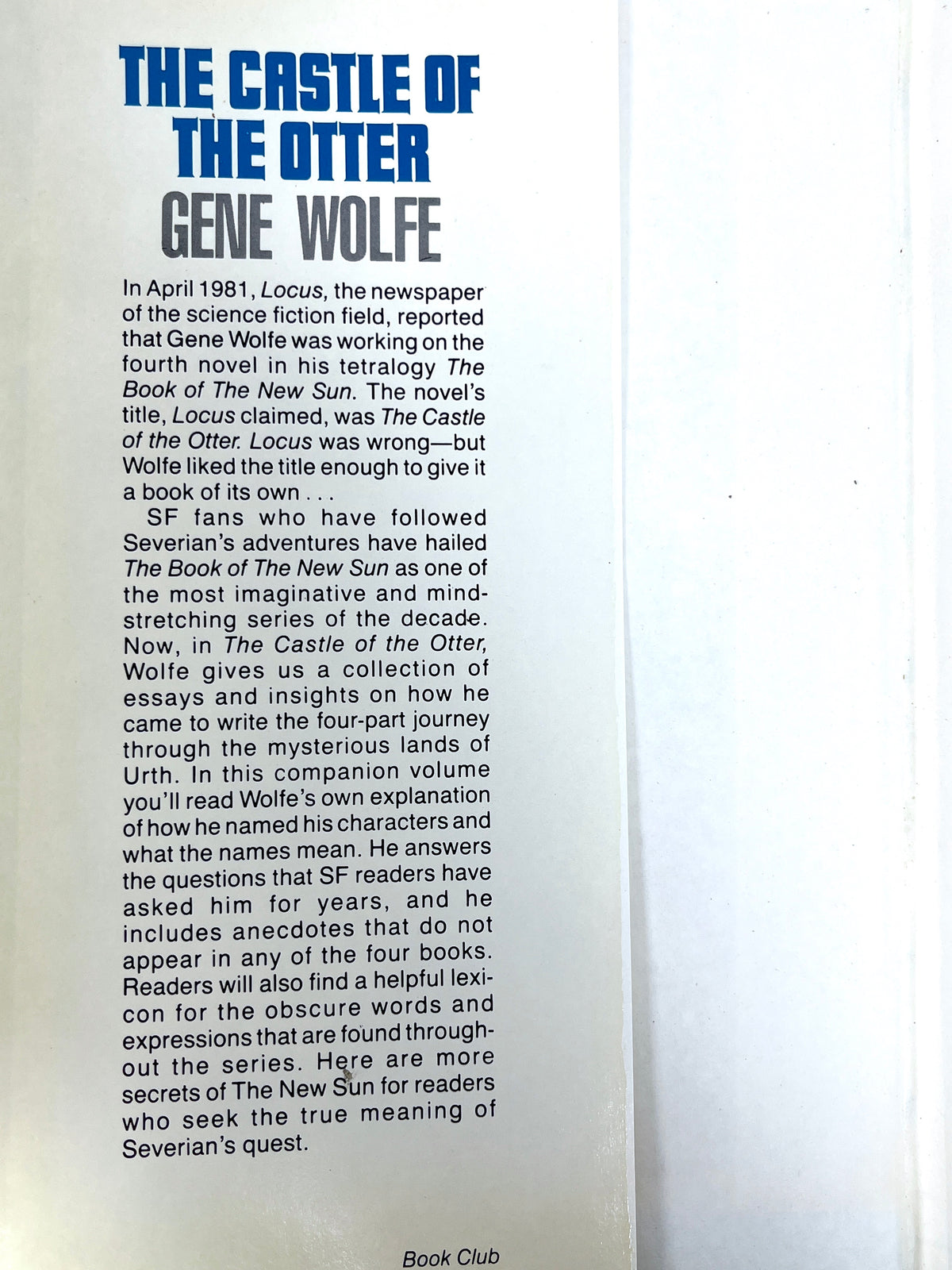 The Castle of the Otter, Gene Wolfe, 1982, Near Fine HC, Very Good DJ