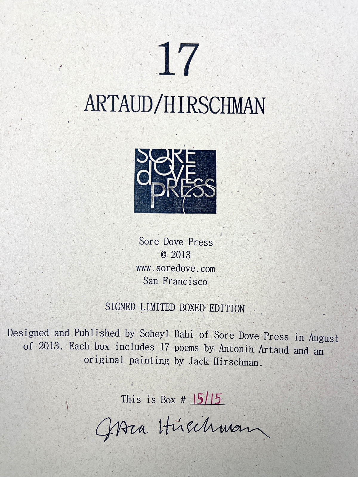 Jack Hirschman, 17 Poems by Antonin Artaud, Sore Dove 2013, NF SIGNED Ltd Ed box