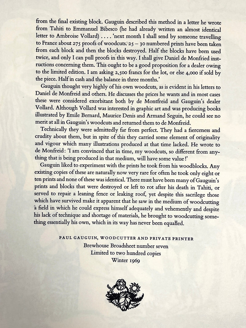 Paul Gauguin: Woodcutter and Private Printer, Brewhouse Broadsheet number 7, Limited Copies, 1969, Near Fine softcover.