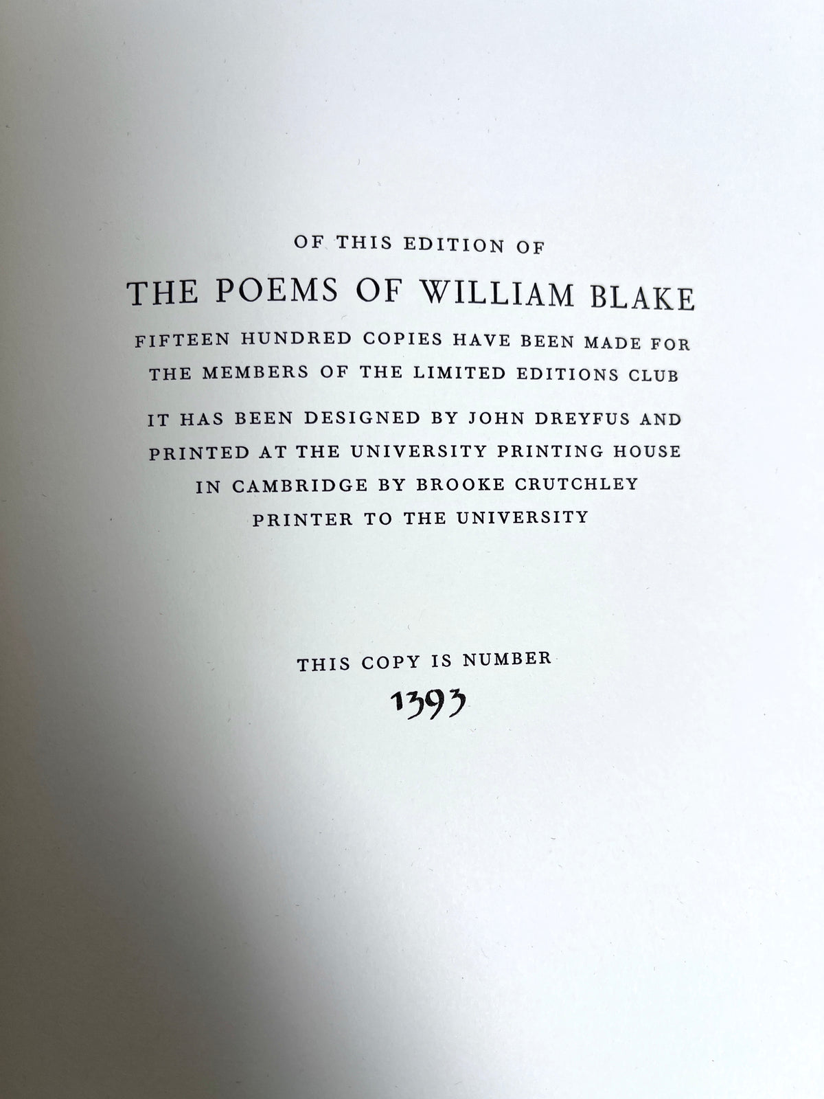 The Poems of William Blake, Limited Editions Club, 1973, #1393/1500, Fine