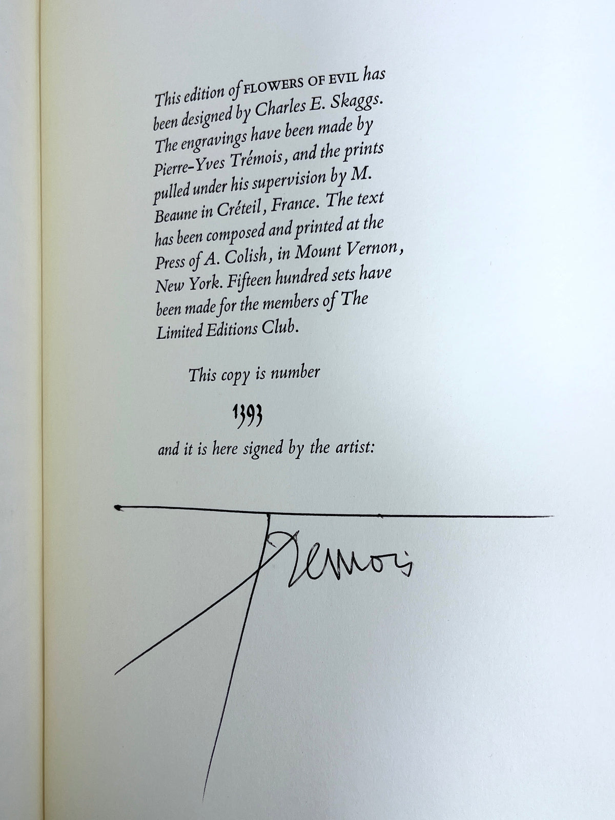Baudelaire, Les Fleurs Du Mal, 2 Vol, Pierre-Yves Trémois, 1971, SIGNED VG+ HC w/slipcase.