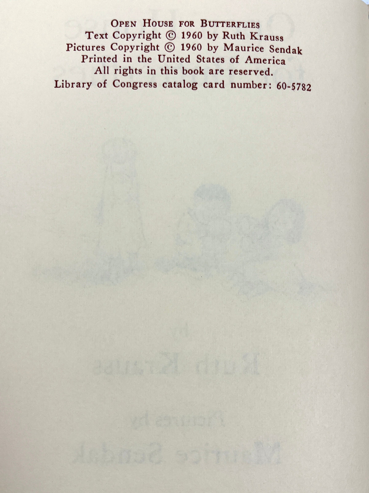 Ruth Krauss, Open House for Butterflies, illus Maurice Sendak, 1960, Near Fine HC w/DJ