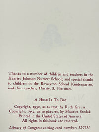 Ruth Krauss, A Hole is to Dig: A First Book of First Definitions, 1952, Very Good HC w/DJ